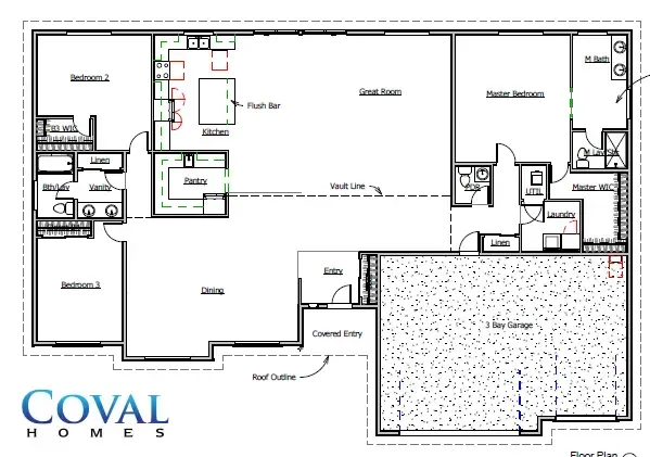 Floor plan of a COVAL home with labeled rooms, doors, and garage layout in black and white.
