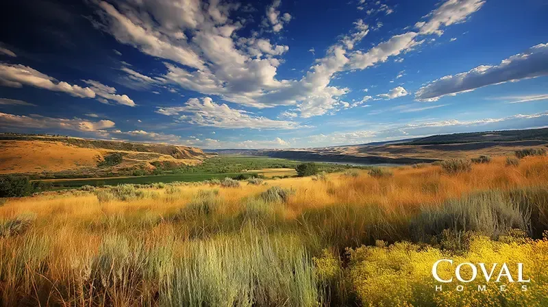 A sweeping landscape view of a vast valley, featuring golden and green tall grasses with bright yellow wildflowers in the foreground. Rolling, arid hills border the green valley floor stretching into the distance, all beneath a dramatic deep blue sky filled with scattered puffy white clouds. The logo "COVAL HOMES" is displayed in the bottom right corner.