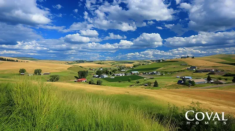 A picturesque rural landscape featuring rolling hills covered in a patchwork of golden and vibrant green agricultural fields. Nestled in a valley among the hills is a small farming community with scattered houses, barns, and trees. The foreground shows tall, bright green grass, and a deep blue sky filled with scattered, fluffy white clouds stretches overhead. The logo "COVAL HOMES" is displayed in the bottom right corner.