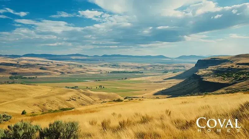 A vast, sweeping landscape featuring a wide valley viewed from an elevated hillside covered in tall golden grass and scattered sagebrush. The valley floor displays a vibrant patchwork of dry, golden terrain and bright green agricultural fields. A prominent, steep rocky plateau edges the right side of the valley, while layers of distant, hazy blue mountains roll across the horizon beneath a wide blue sky dotted with scattered white clouds. The logo "COVAL HOMES" is displayed in the bottom right corner.