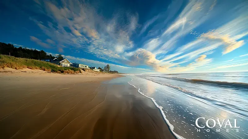 A wide-angle view of a serene sandy beach at low tide, with gentle waves washing ashore on the right and reflecting the vibrant sky on the wet sand. On the left, a few coastal houses sit atop a grassy embankment backed by a dark forest. The scene is dominated by a sweeping, dramatic blue sky filled with dynamic, textured white clouds catching warm, golden light. The logo "COVAL HOMES" is displayed in the bottom right corner.