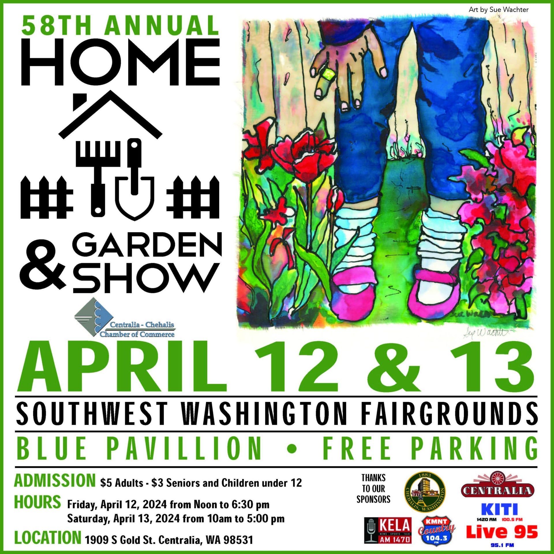 58th Annual Home & Garden Show poster with colorful garden scene, April 12–13 at Southwest Washington Fairgrounds