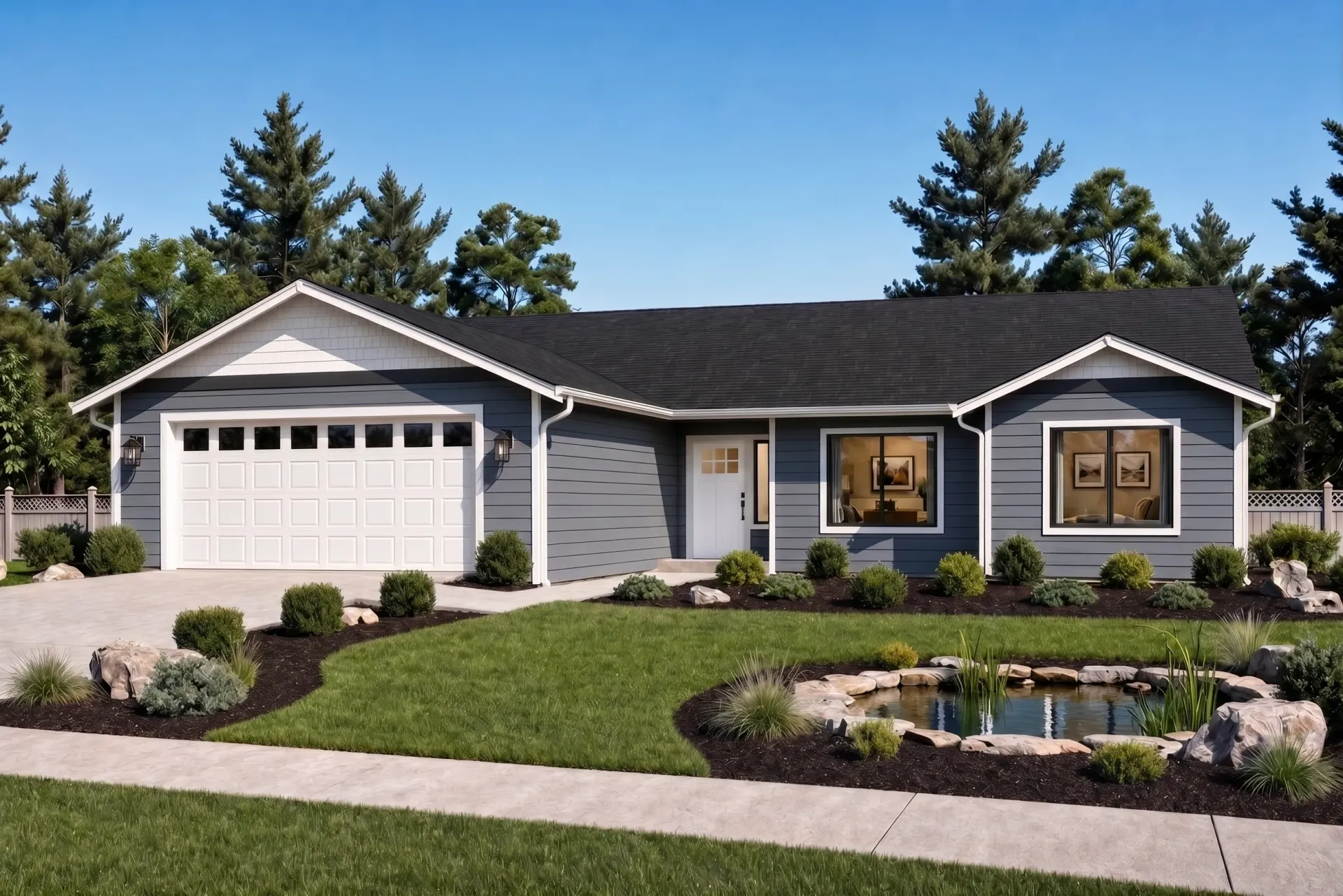 Single-story gray house with two-car garage, front lawn, and trees under a blue sky