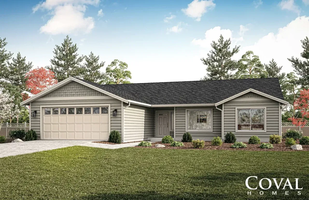Single-story gray house with two-car garage, front lawn, and trees under a blue sky
