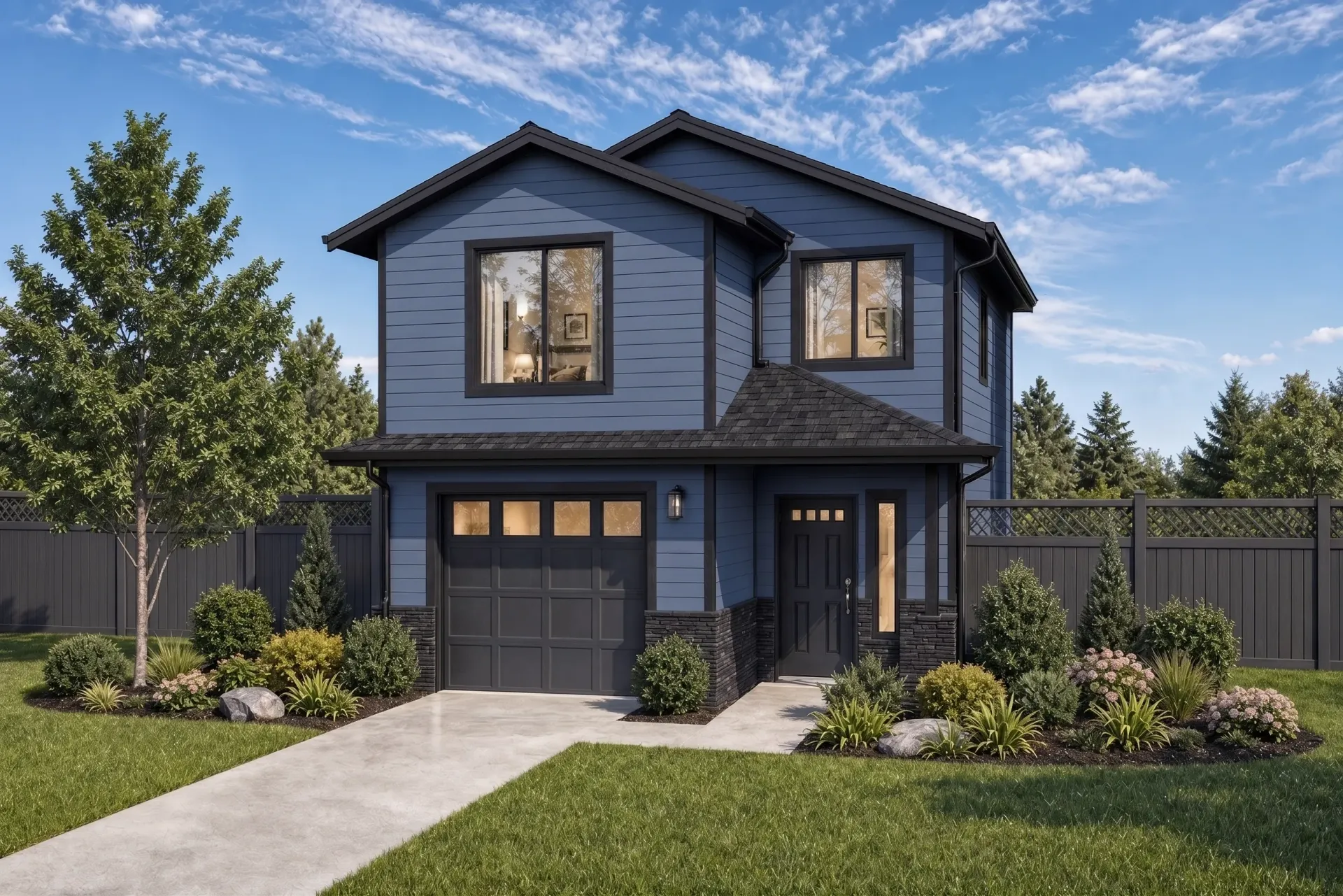 Two-story gray suburban house with black garage door, white fence, and landscaped front yard under a blue sky