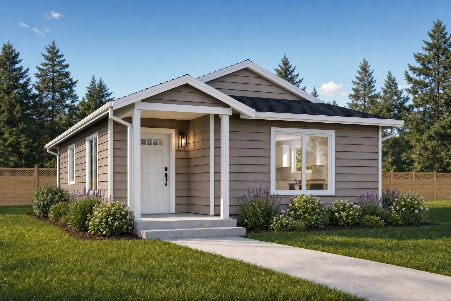 Modern gray single-story house with white trim, front porch, and green lawn in a wooded setting