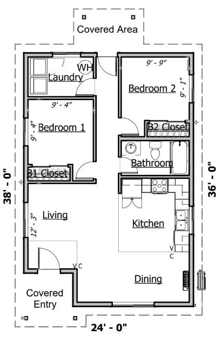 Black-and-white floor plan of a two-bedroom home with living, kitchen, dining, bathroom, laundry, and covered areas