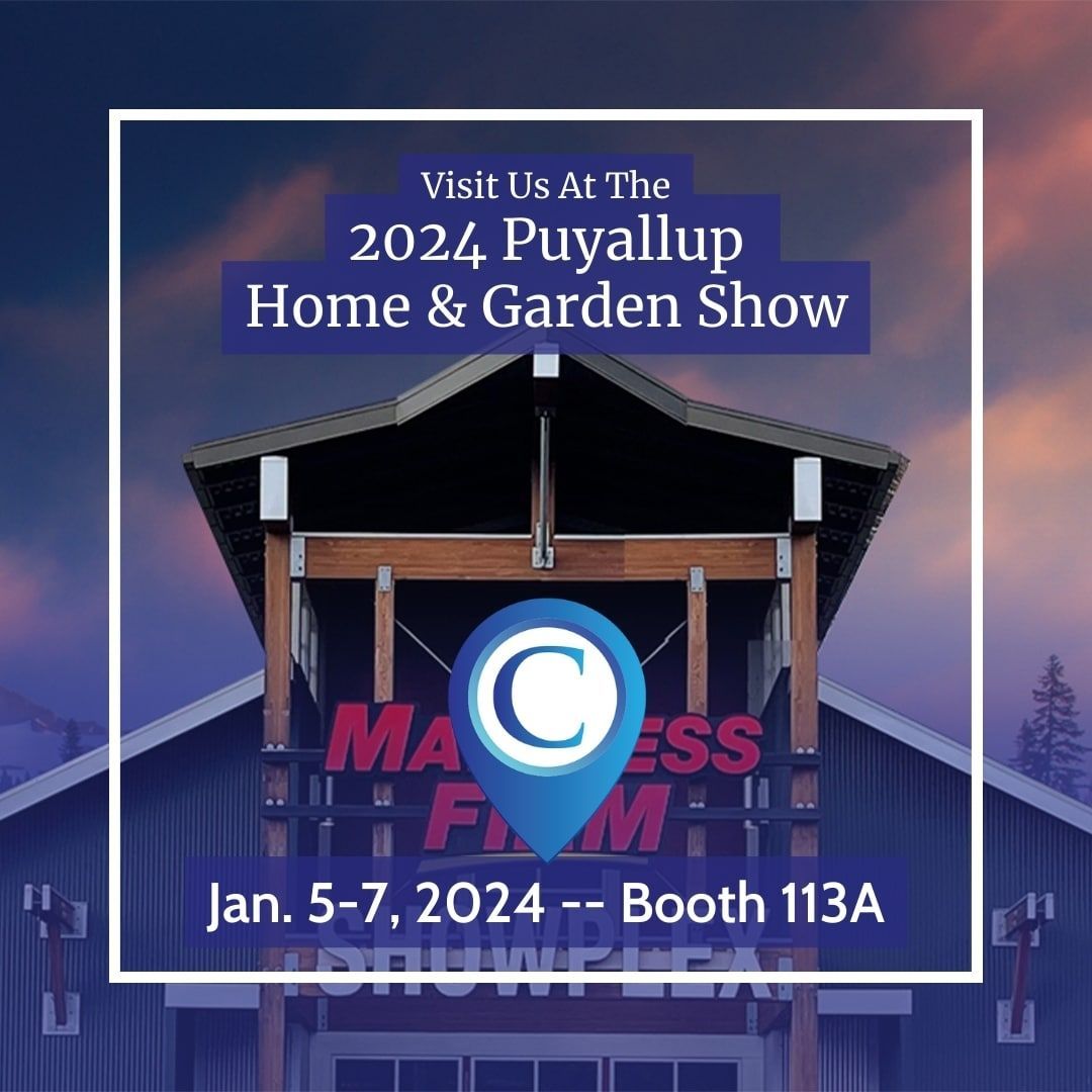 2024 Puyallup Home & Garden Show ad with Madison logo and Jan. 5-7, booth 113A on a building backdrop