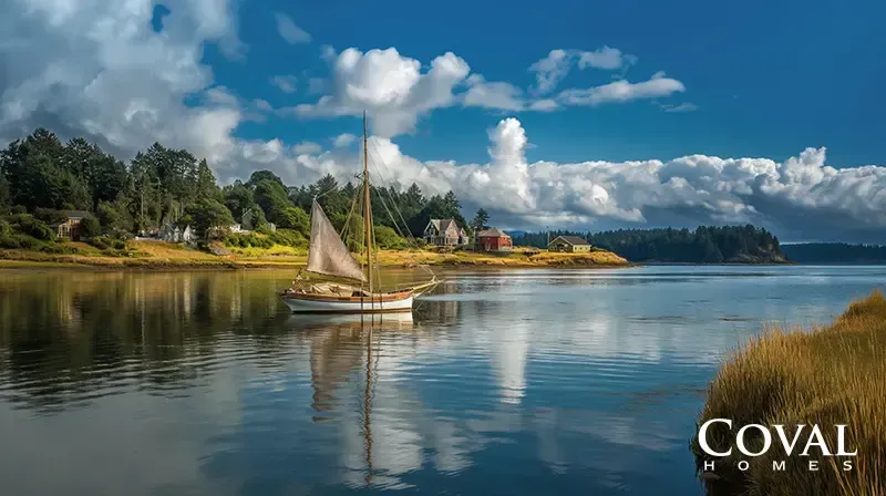 A classic sailboat rests on calm, mirror-like water that perfectly reflects the boat, shoreline, and the dramatic, puffy white clouds filling the bright blue sky above. The boat is positioned near a coastal shoreline featuring grassy banks and several houses nestled among dense, dark green evergreen trees. Tall golden grass borders the immediate foreground on the right. The logo "COVAL HOMES" is displayed in the bottom right corner.