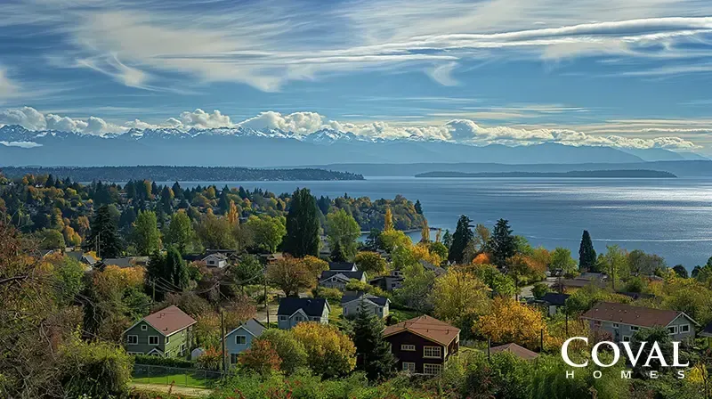 A scenic elevated view of a hillside neighborhood with houses nestled among trees displaying vibrant autumn colors of green, yellow, and orange. The neighborhood overlooks a large, calm body of water featuring forested peninsulas, which leads to a stunning backdrop of a distant, snow-capped mountain range under a blue sky with dramatic, sweeping white clouds. The logo "COVAL HOMES" is displayed in the bottom right corner.