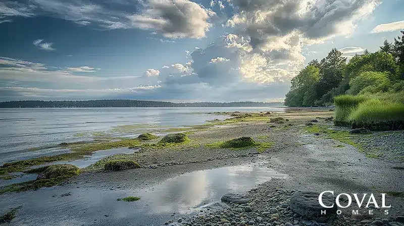 An expansive coastal landscape at low tide, featuring a rocky and sandy beach dotted with patches of bright green seaweed and small tide pools perfectly reflecting the sky above. On the right, the shoreline is bordered by thick coastal grass leading into a dense, dark green forest. The calm water stretches across to a distant, tree-lined landmass under a dramatic sky filled with large, textured white and gray clouds against patches of blue. The logo "COVAL HOMES" is displayed in the bottom right corner.