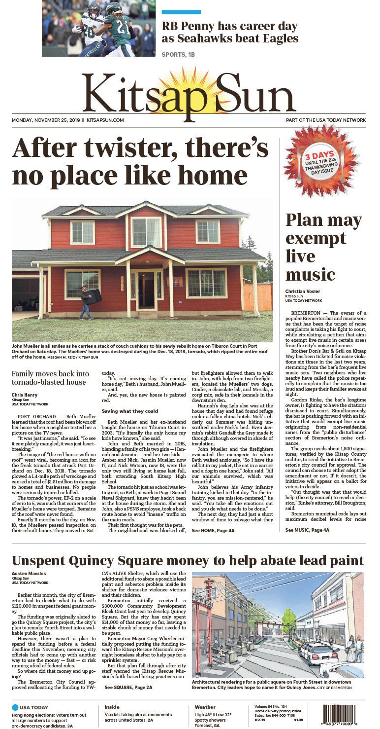 Front page of The Kitsap Sun with a red house and headline, “After winter, there’s no place like home”