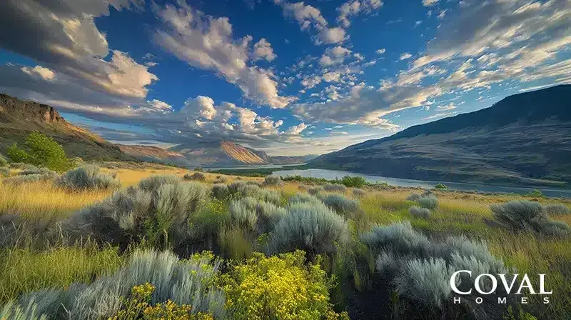 A scenic landscape view of a wide river winding through a gorge bordered by steep, rugged hills. The foreground features a vibrant mix of silvery-green sagebrush, golden grasses, and bright yellow wildflowers. Above, a deep blue sky is filled with dramatic, sunlit clouds stretching across the horizon. The logo "COVAL HOMES" is displayed in the bottom right corner.