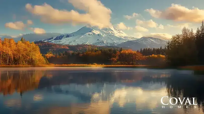 A breathtaking landscape view featuring a calm, glassy lake in the foreground that perfectly reflects the scenery above. The shoreline is densely lined with vibrant yellow and orange autumn trees, with darker green evergreens bordering the right side. In the background, a majestic, snow-capped mountain dominates the horizon, its peak partially wrapped in a large, softly illuminated cloud. The scene is bathed in warm sunlight under a soft blue sky with scattered clouds. The logo "COVAL HOMES" is displayed in the bottom right corner.
