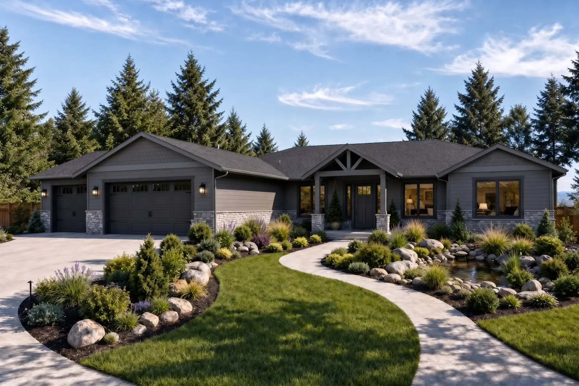 Single-story gray house with a two-car garage, manicured lawn, and flowerbeds under a blue sky
