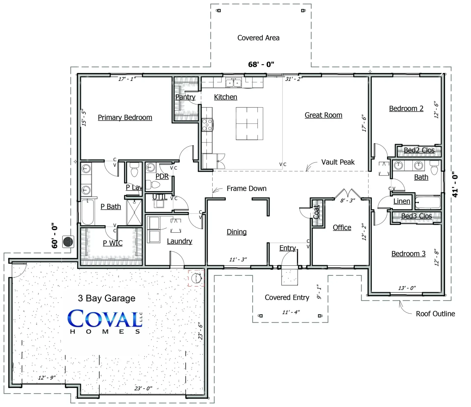 Floor plan of a house with labeled rooms and measurements, shown in black and white.