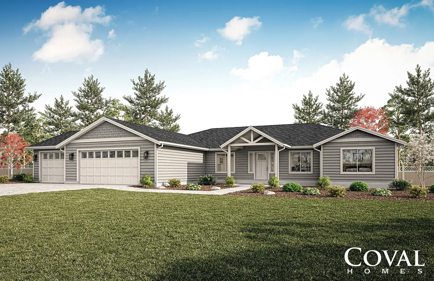 Single-story gray house with a two-car garage, manicured lawn, and flowerbeds under a blue sky