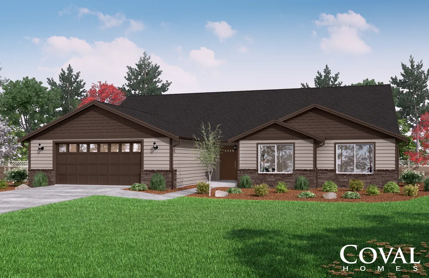 Single-story suburban house with attached garage, dark roof, beige siding, and green lawn under a blue sky
