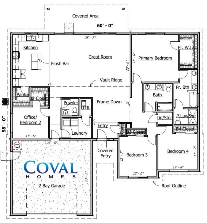 Black-and-white floor plan of a 4-bedroom home with great room, kitchen, garage, and covered entry.