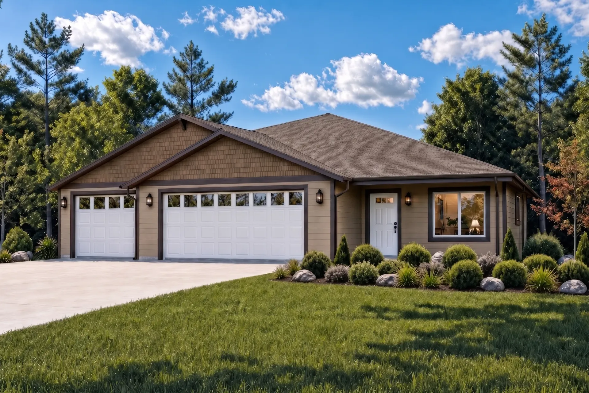 Single-story suburban house with a two-car garage, gray roof, and landscaped front yard