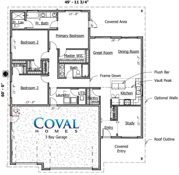 House floor plan with 3 bedrooms, great room, kitchen, dining area, covered porch, and 3-car garage.