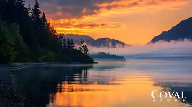 A serene and picturesque landscape featuring a calm, glassy body of water that perfectly reflects a brilliant, fiery orange and gold sunset. On the left, a curved, rocky shoreline is lined with a dense, dark silhouette of evergreen trees. In the distance, rolling mountain silhouettes frame the horizon, with a soft, low-lying bank of mist or fog settling over the water at their base. The dramatic sky is filled with vibrant sunset colors breaking through heavy, dark clouds. The logo "COVAL HOMES" is displayed in the bottom right corner.