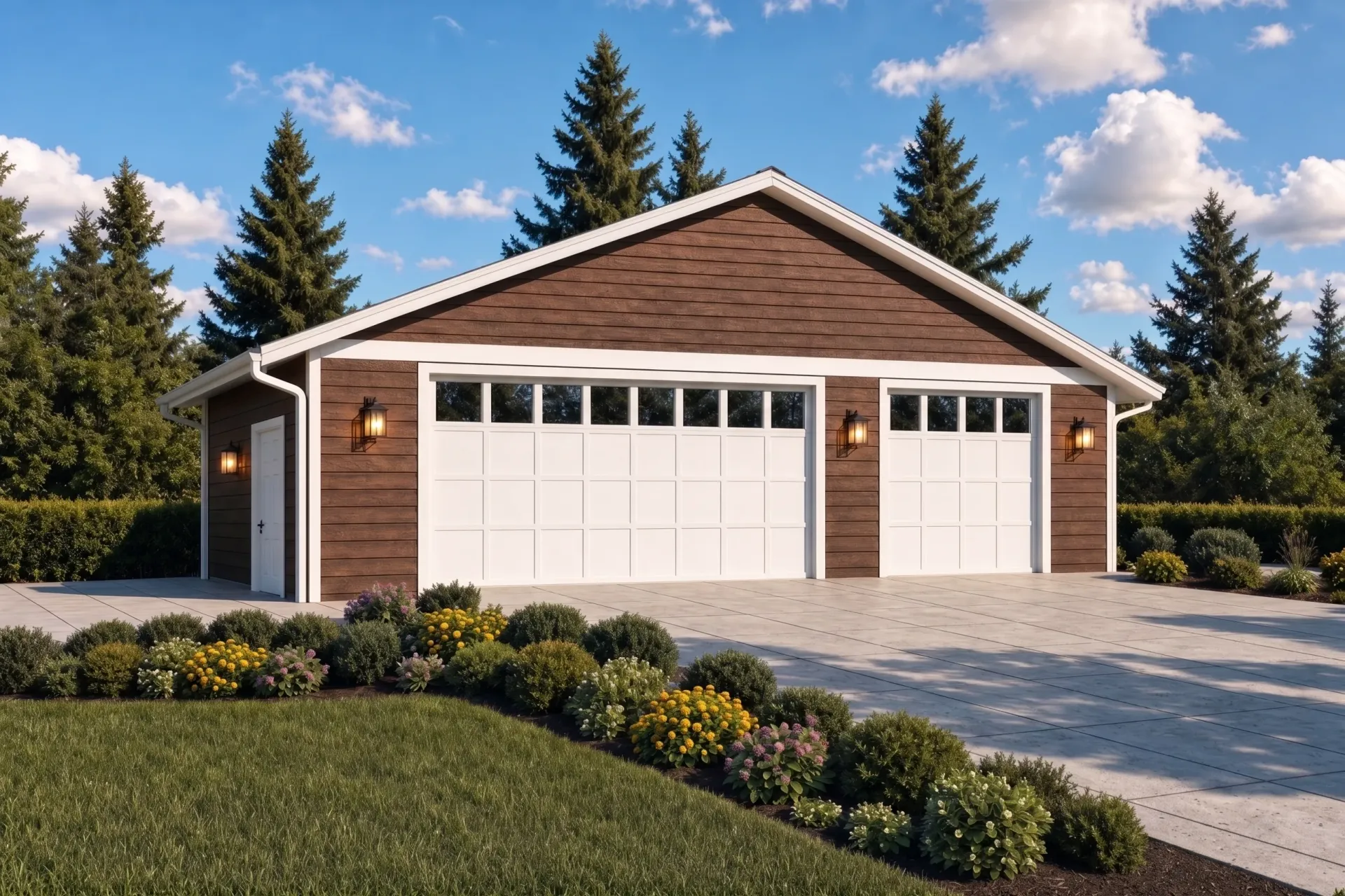 Two-car beige garage with white doors and a gray driveway, framed by pine trees.