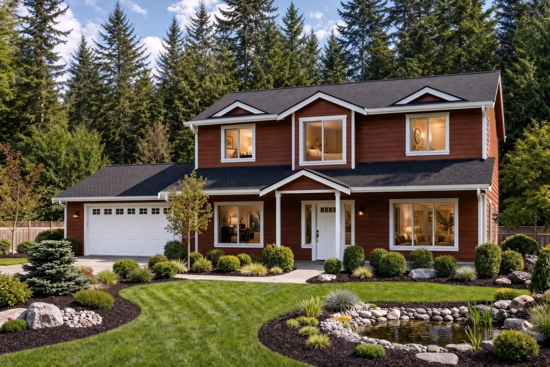 Two-story beige house with dark roof, white garage, and landscaped front yard against a cloudy sky
