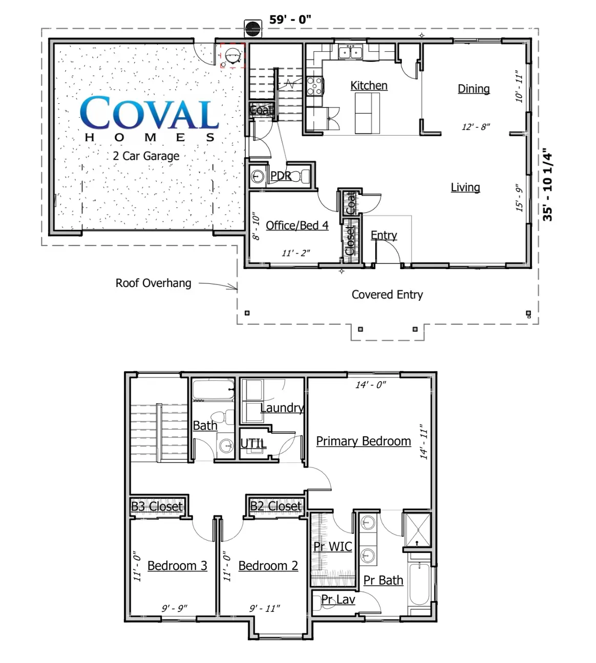 Floor plan brochure showing two house layouts with labeled rooms and dimensions.