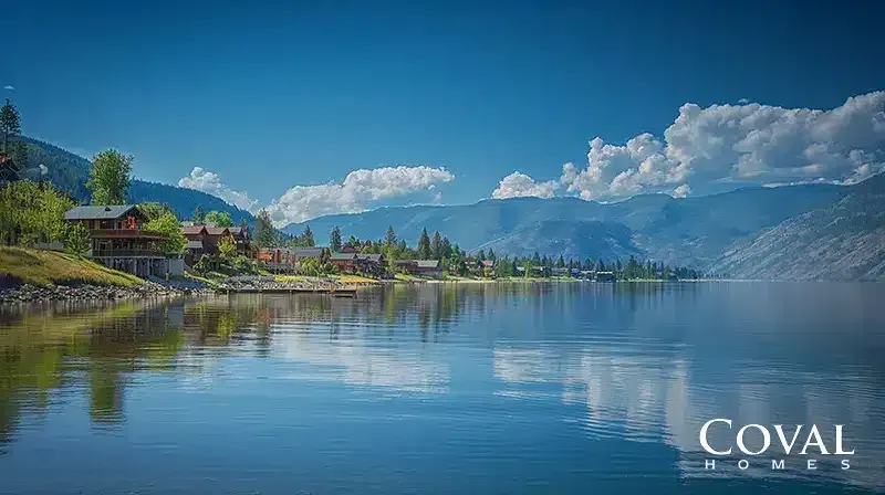 A tranquil, scenic view of a calm blue lake perfectly reflecting a bright blue sky and large, puffy white clouds. Along the left shoreline, a row of large, multi-story lakefront homes is nestled among green trees. In the distance, hazy blue mountains rise gently across the horizon. The logo "COVAL HOMES" is displayed in the bottom right corner.
