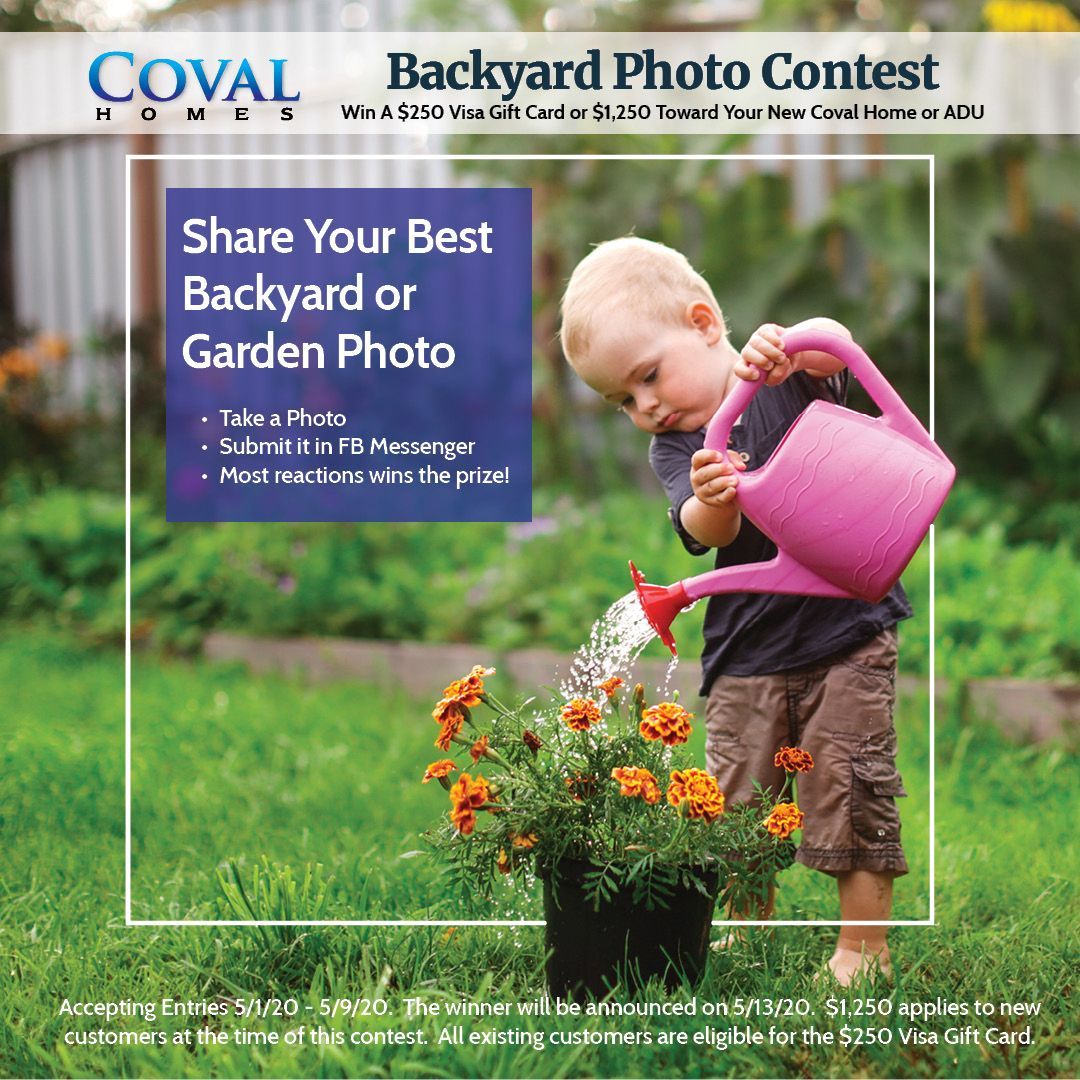Child watering flowers in a garden with a pink watering can, promoting a backyard photo contest