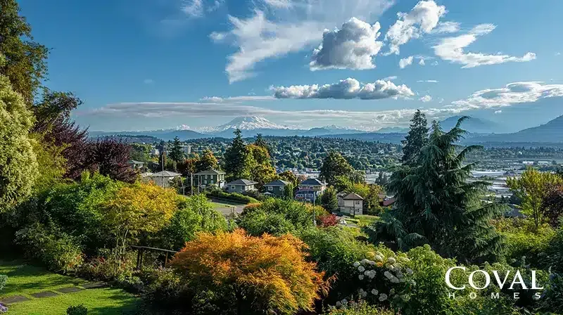 An elevated, scenic view from a lush, landscaped garden featuring a vibrant, orange autumn-colored bush in the center foreground, surrounded by rich green foliage, flowering plants, and a stepping-stone path. Below, a sprawling residential neighborhood is nestled among dense trees, stretching across a wide valley. In the distance, a massive, snow-capped mountain dominates the horizon under a bright blue sky dotted with fluffy white clouds. The logo "COVAL HOMES" is displayed in the bottom right corner.