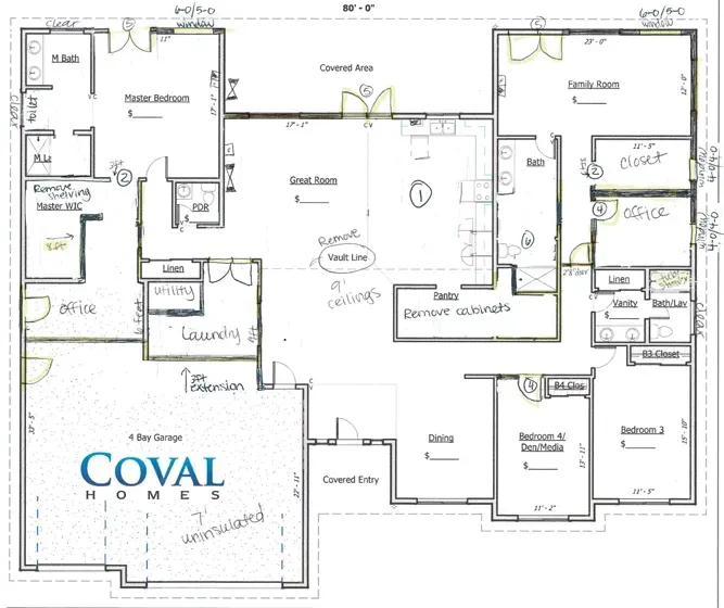 Floor plan of a home with labeled rooms, open living spaces, and a garage.