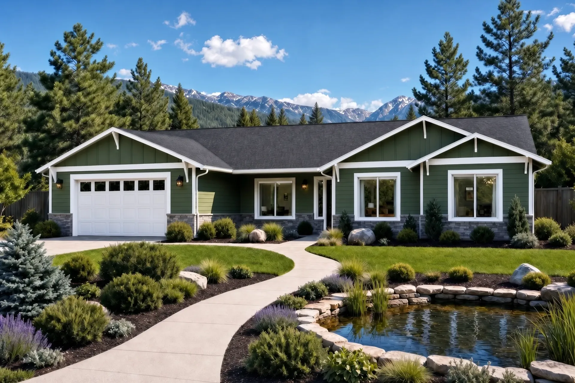 Single-story beige house with a garage, front lawn, and trees under a partly cloudy sky