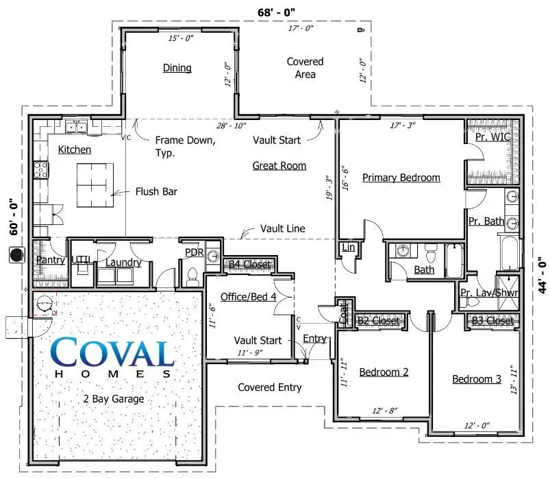 Black-and-white floor plan of a 2-bedroom home with dining, kitchen, covered deck, and garage.