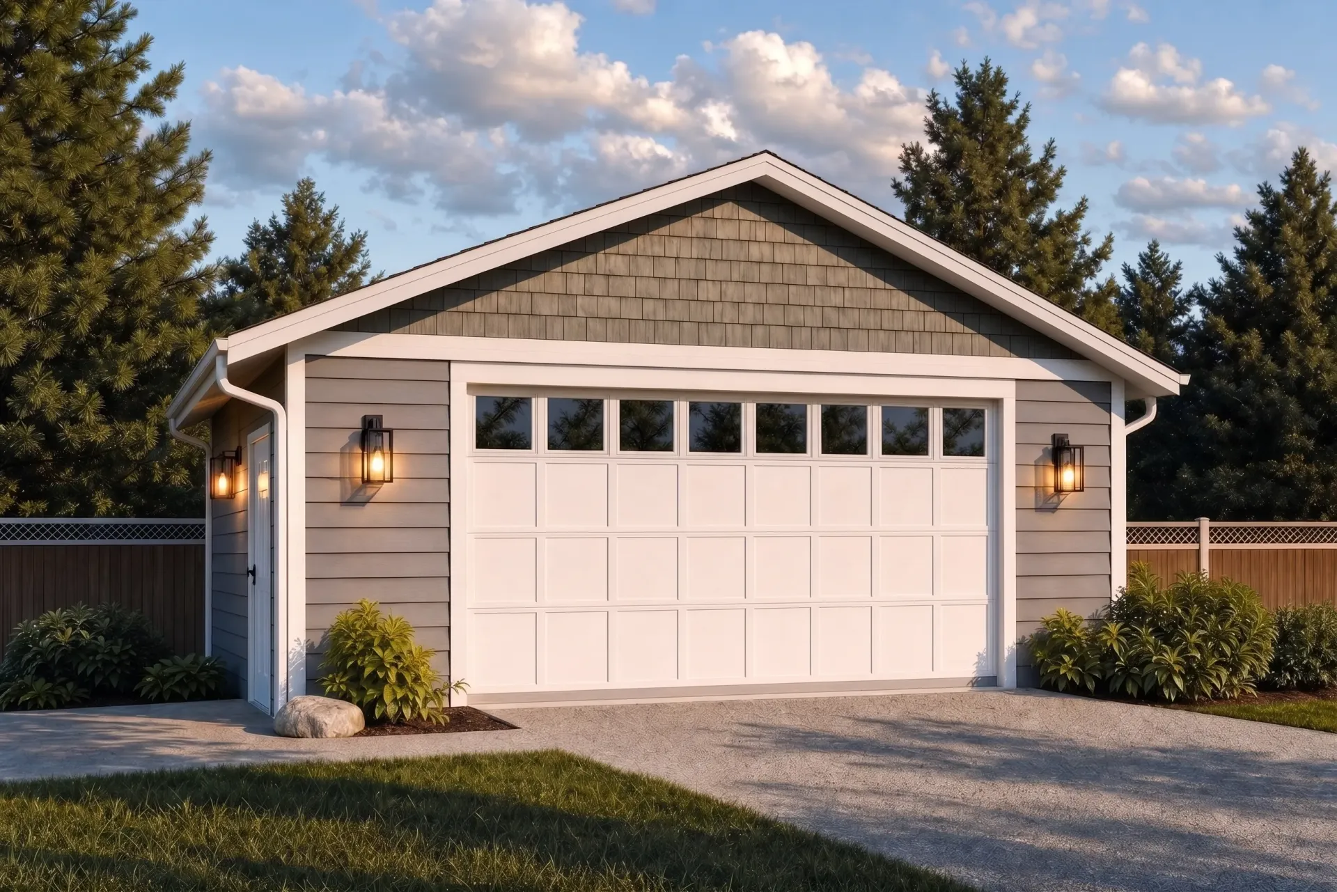 Single-story beige house with a white garage door, driveway, and landscaped front yard under a blue sky