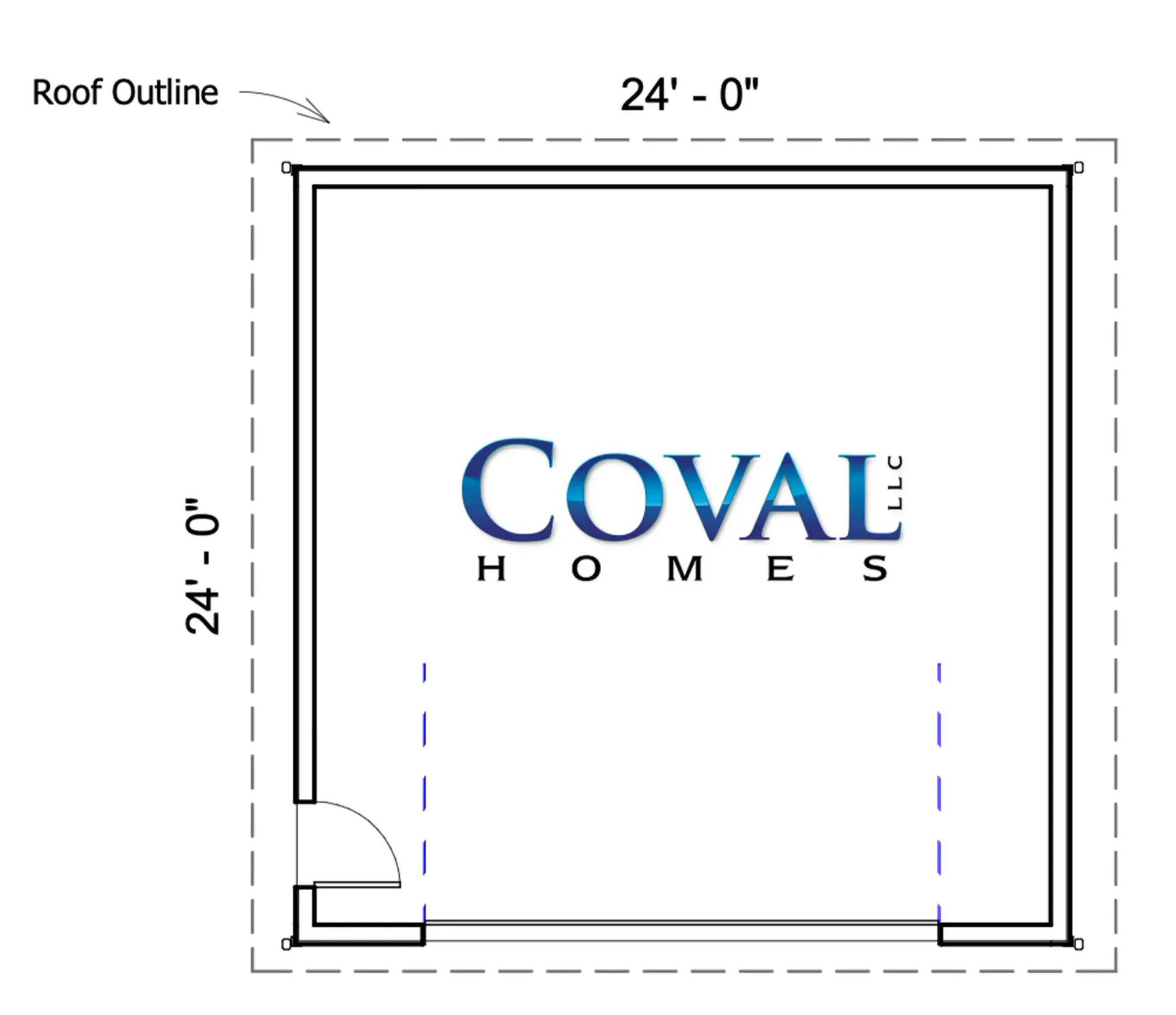 Roof outline diagram for Coval Homes, labeled 24' by 24' with a door at the lower left.