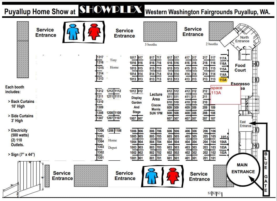 Floor plan of Puyallup Home Show at Washington State Fairgrounds, Puyallup, WA, with booths and restrooms identified