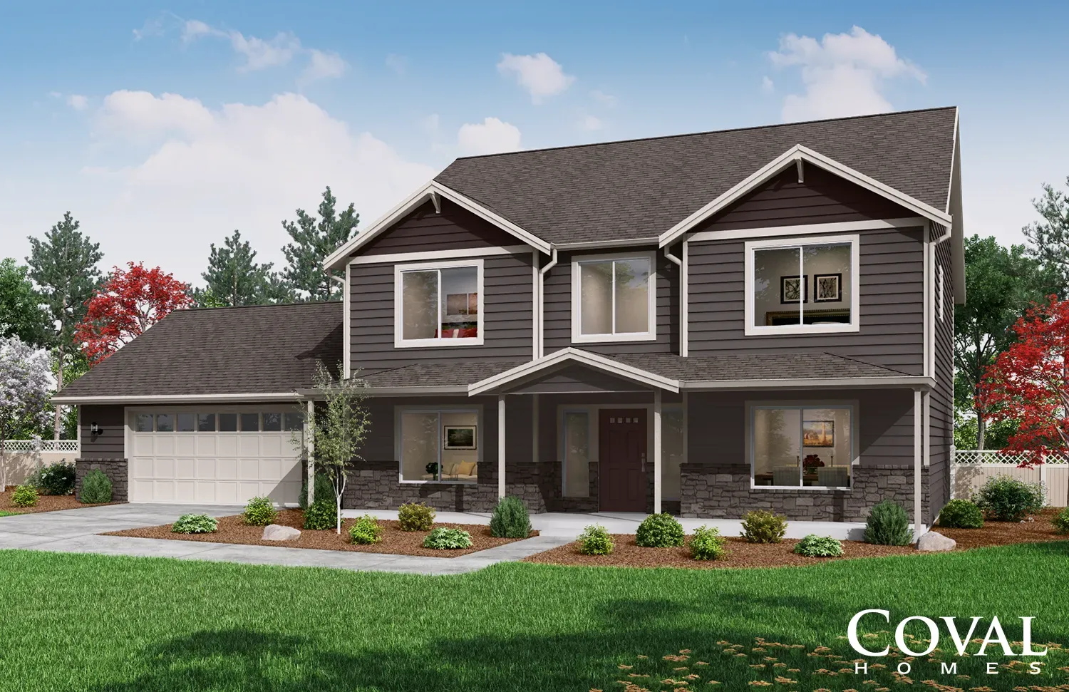 Two-story gray house with attached garage, front porch, and landscaped yard under a blue sky