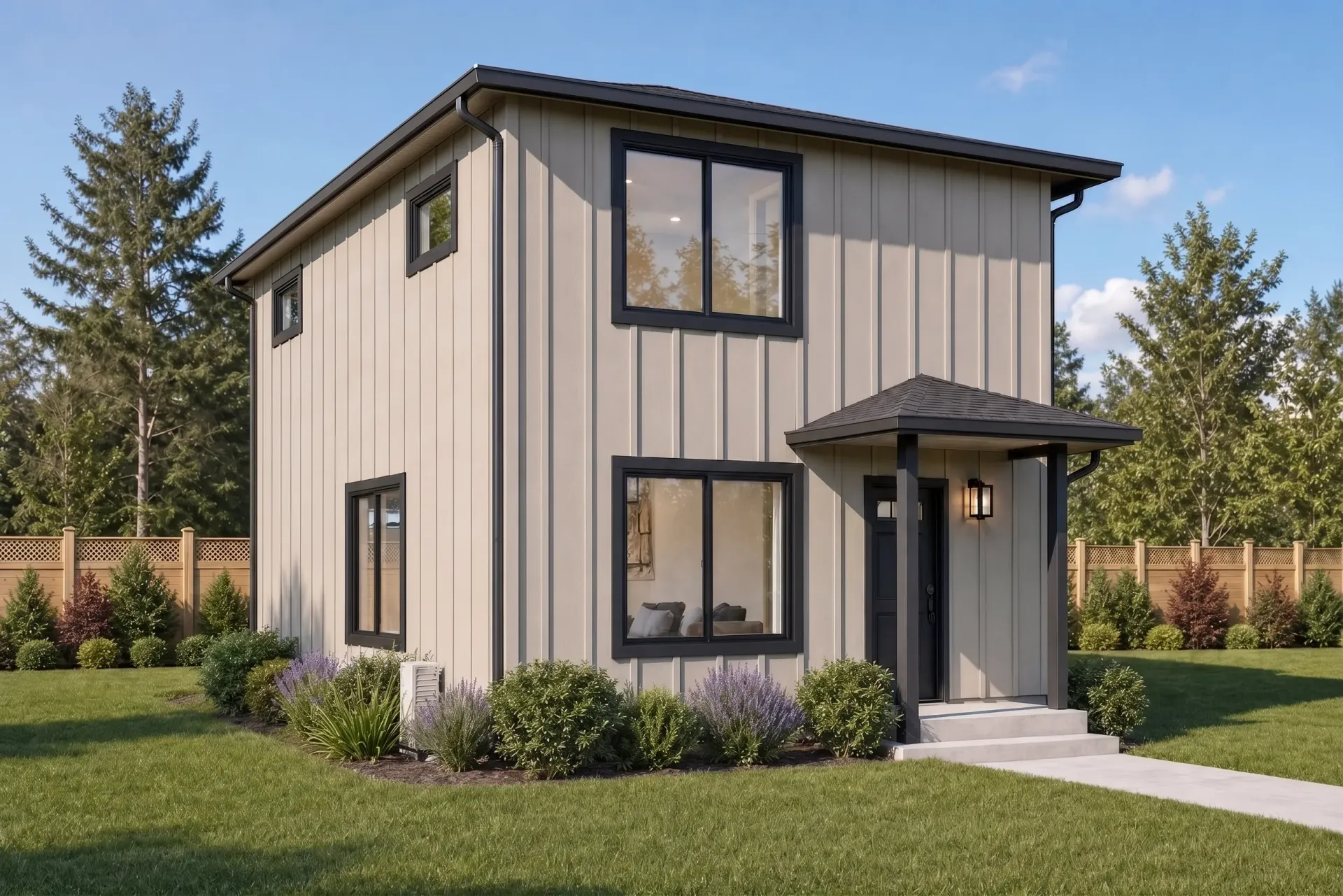 Rendering of a gray two-story house with white trim, front porch, and tall evergreen trees in the background