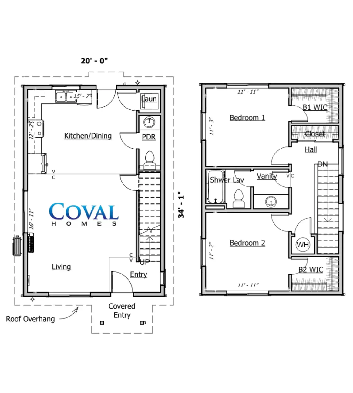 Two black-and-white apartment floor plans, labeled for a 1BHK layout with living, kitchen, bedrooms, and bathrooms