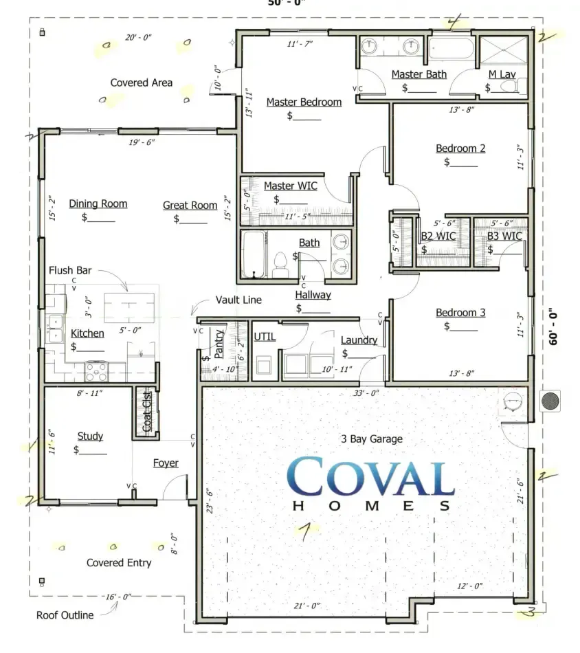 Floor plan of a three-bedroom Coventry homes layout with labeled rooms and a garage.