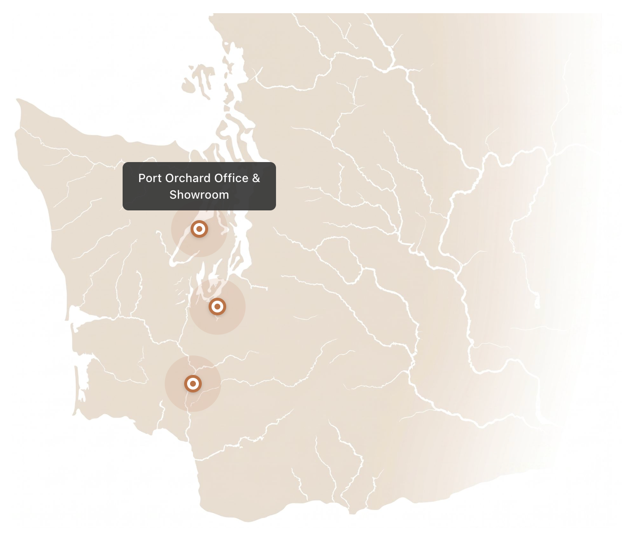 Map of western region with three location markers and a label for “Brix Orchard Office & Showroom.”