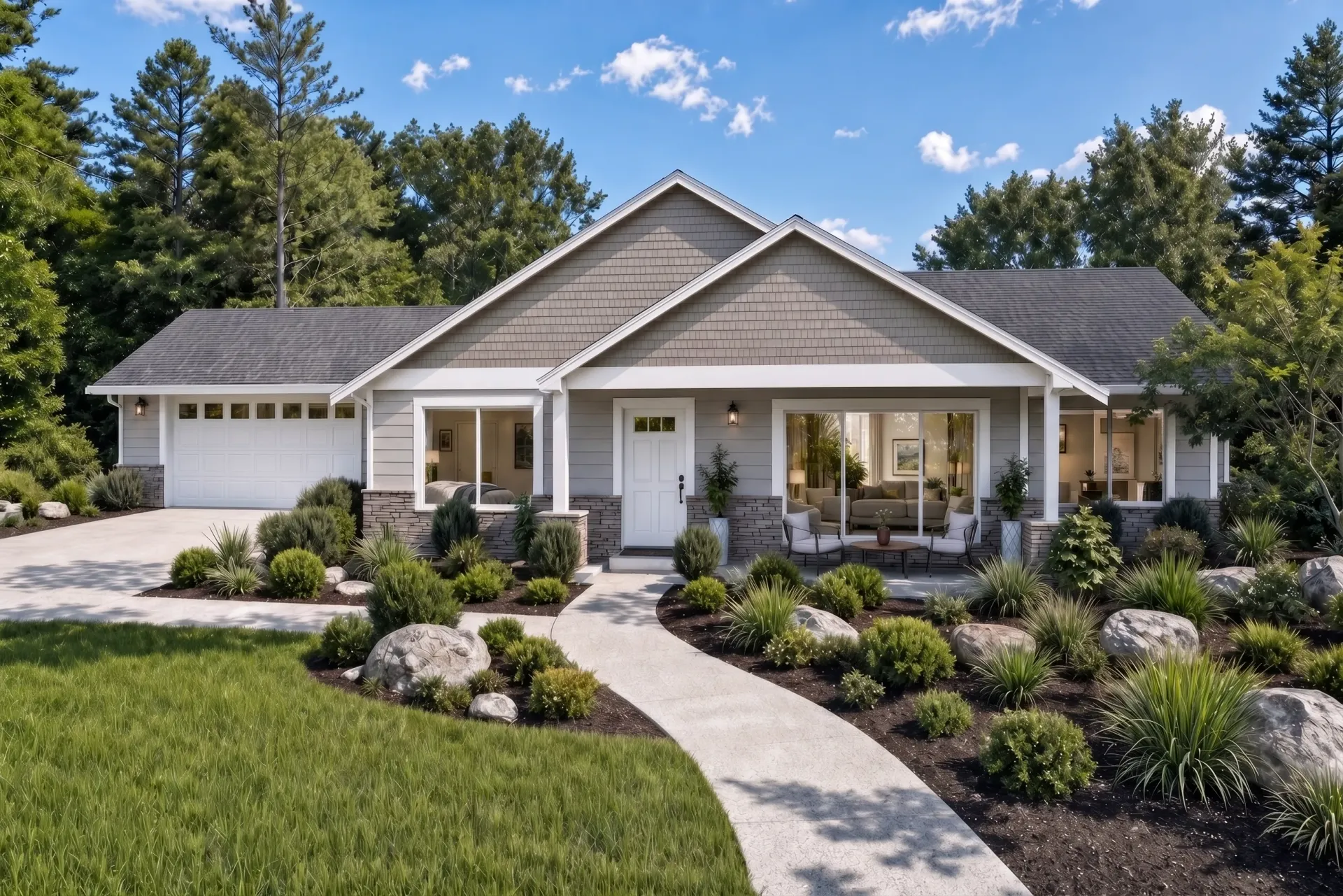 Single-story brick house with gabled roof, front porch, driveway, and manicured lawn under blue sky