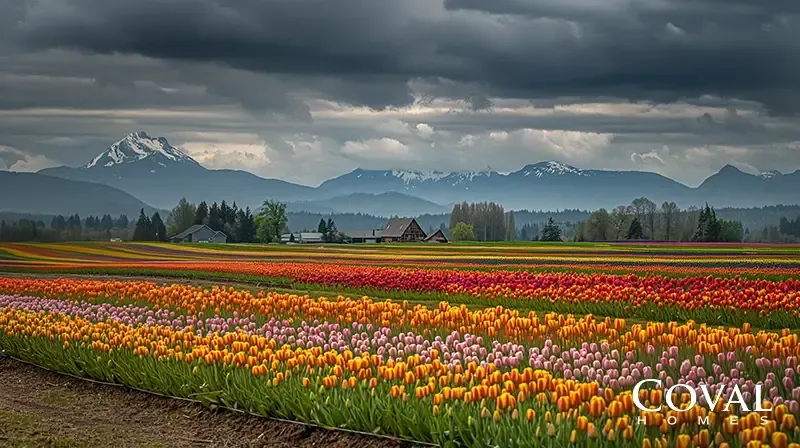 A vibrant, expansive field of blooming tulips planted in distinct, colorful rows of orange, yellow, pink, and bright red. In the middle ground, a rural farm with houses, barns, and scattered trees sits before a dramatic background featuring a rugged mountain range with a prominent, snow-capped peak on the left. The scene is set under a heavy, dark, and dramatic stormy sky. The logo "COVAL HOMES" is displayed in the bottom right corner.