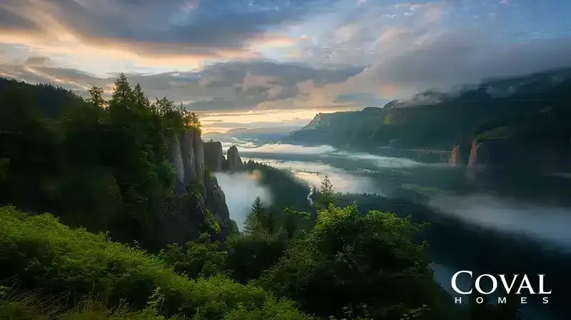 An elevated, dramatic view looking down a magnificent river gorge. Steep, lush green forested cliffs and prominent rocky spires dominate the left foreground. A wide river flows through the valley below, partially obscured by thick, low-hanging white mist that weaves through the trees and clings to the water. Massive, sheer rock plateaus form the opposite side of the gorge in the distance, all under a sky filled with dramatic clouds illuminated by a warm, glowing sunrise or sunset on the horizon. The logo "COVAL HOMES" is displayed in the bottom right corner.