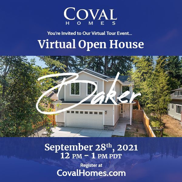 Coval Homes virtual open house flyer featuring a house photo, September 28, 2021, 12 PM–1 PM PDT