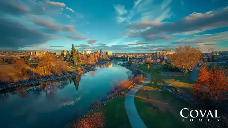 A vibrant autumn scene of a calm river curving through a city park. A paved walking path winds along the grassy right bank. The riverbanks are lined with trees displaying brilliant orange, yellow, and red fall foliage, which perfectly reflects in the smooth blue water. In the background, a city skyline with buildings and a bridge is illuminated by warm sunlight under a dynamic sky filled with sweeping blue and pink-tinged clouds. The logo "COVAL HOMES" is displayed in the bottom right corner.