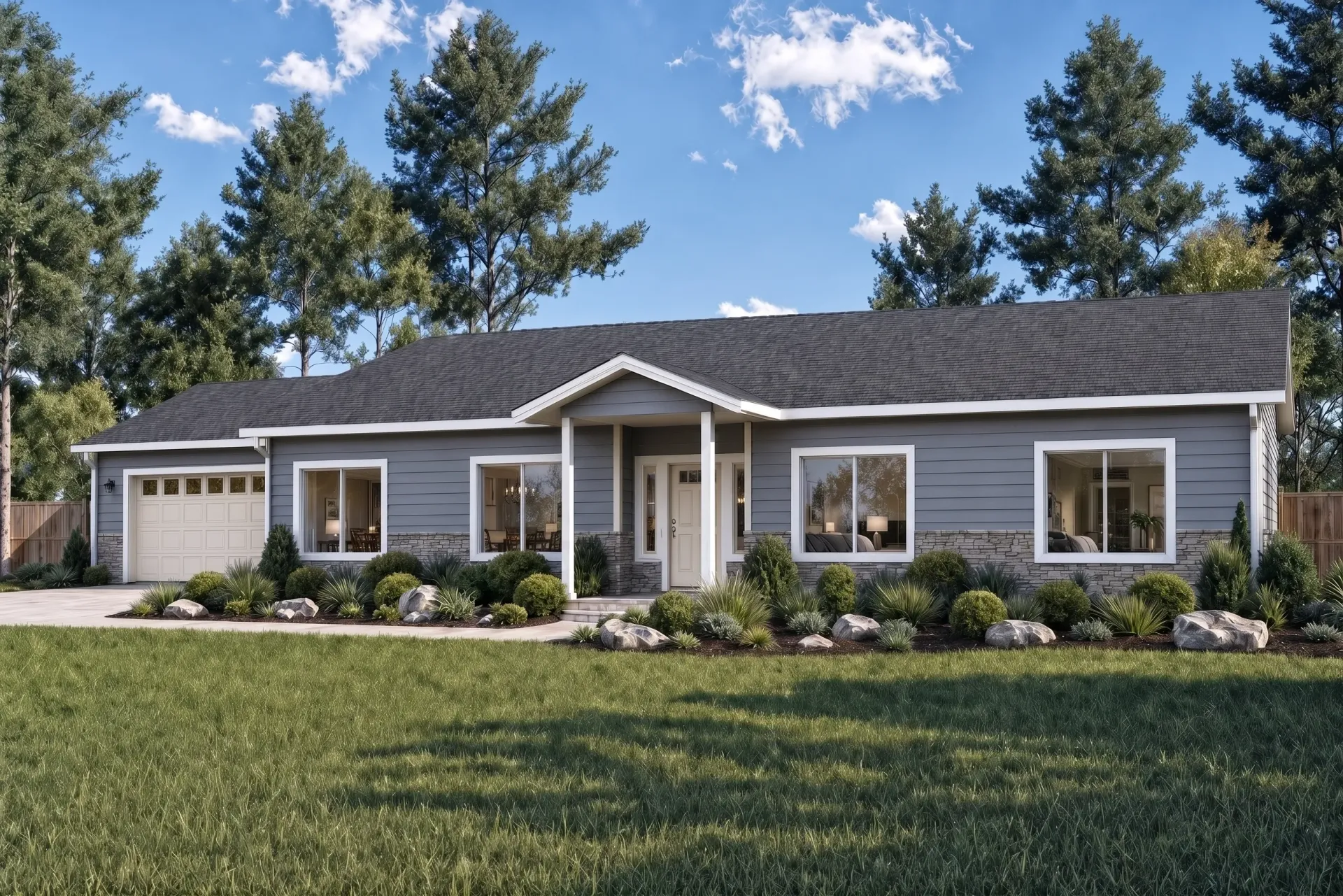 Single-story gray house with dark roof, front lawn, and tall trees under a cloudy sky.