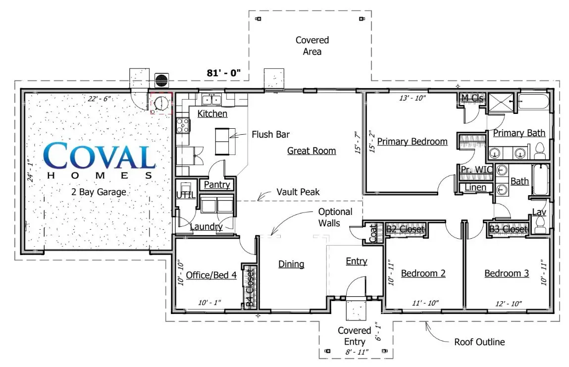 Floor plan diagram with labeled rooms and a large covered garage on the left.